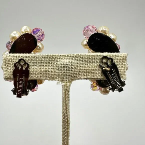 Vintage Laguna Pink Aurora Borealis crystal and Faux Pearl clip on earrings!